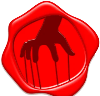 Red wax seal with a puppet master's hand pressed into it